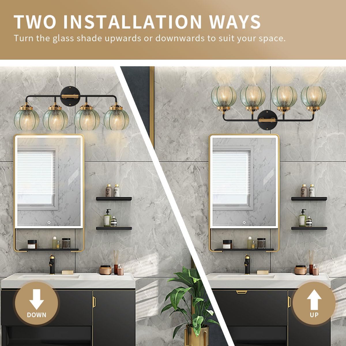 2-Pack Glass Wall 4-Lights Bathroom Vanity Light fixtures Green Glass Globe Shade Mid Century Modern Light Fixture Black Large Wall Sconce for Over Mirror Bath Living Room Cabinet