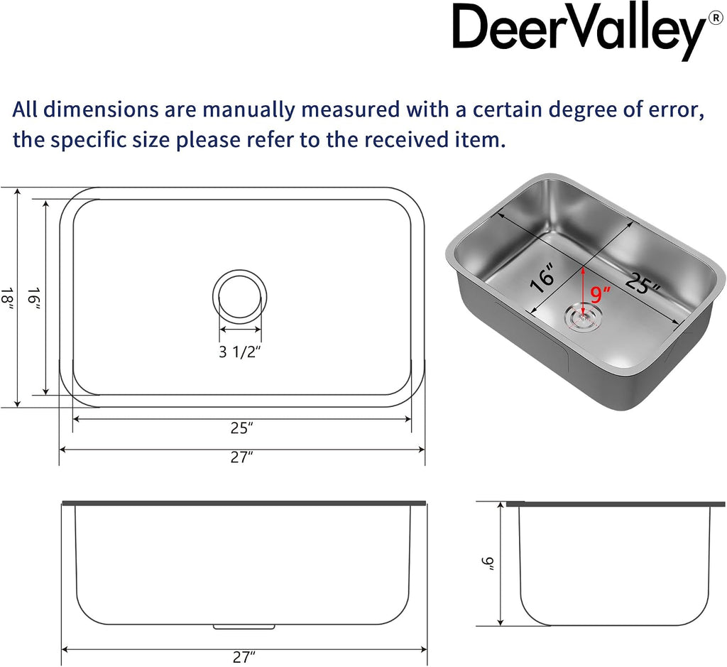 DeerValley 27 Inch Undermount Kitchen Sink 18 Gauge Stainless Steel Kitchen Sink Spacious Single Bowl Sinks with Basket Strainer Curved Shape Round Corner Deep Sinks for Modern Kitchens