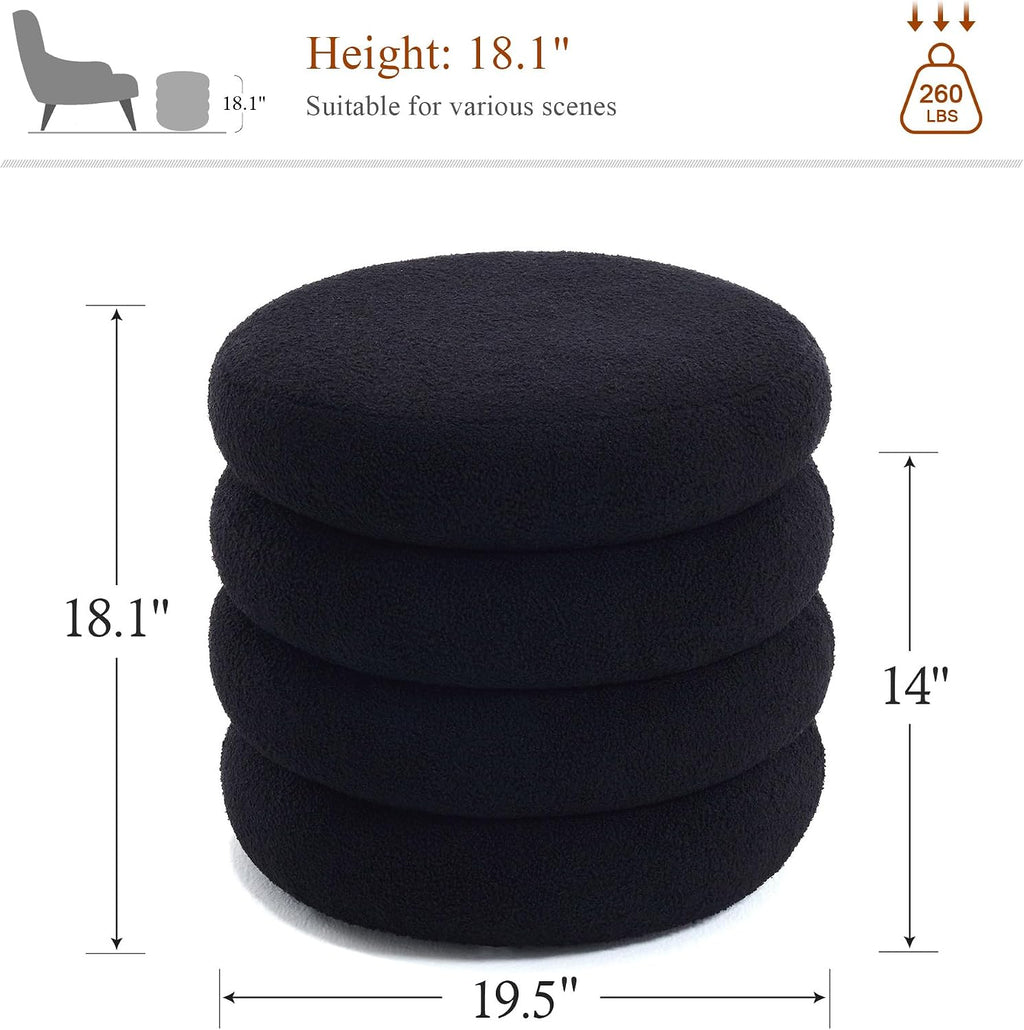 19.5 Inch Round Storage Ottoman, Modern Sherpa Ottoman Coffee Table with Removable Top, Black Vanity Stool with Storage for Bedroom, Living Room, Dorm, Set of 1