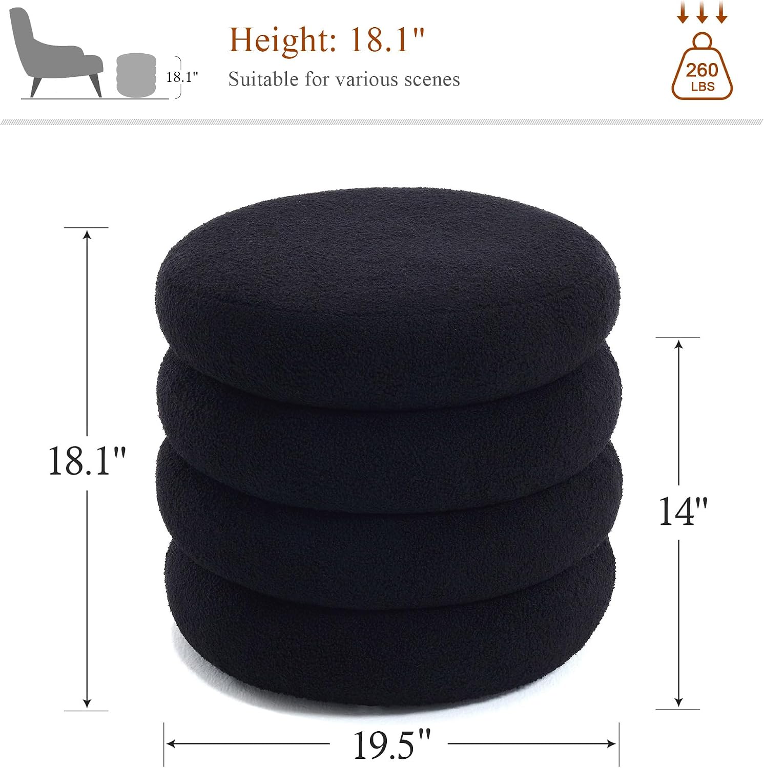 19.5 Inch Round Storage Ottoman, Modern Sherpa Ottoman Coffee Table with Removable Top, Black Vanity Stool with Storage for Bedroom, Living Room, Dorm, Set of 1