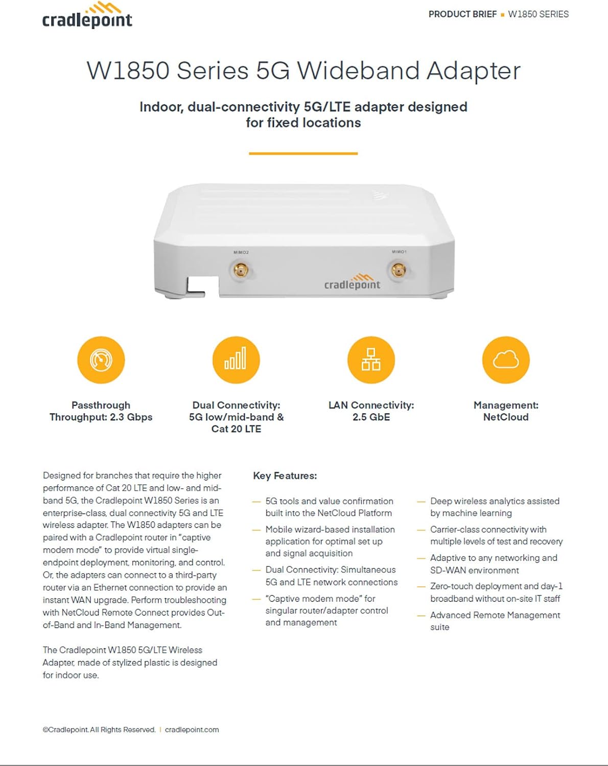 Cradlepoint W1850-5GB Netcloud W1850 5G Adapter Modem Wireless Router w/ 4x Antennas & Power Adapter [No License] (Renewed)