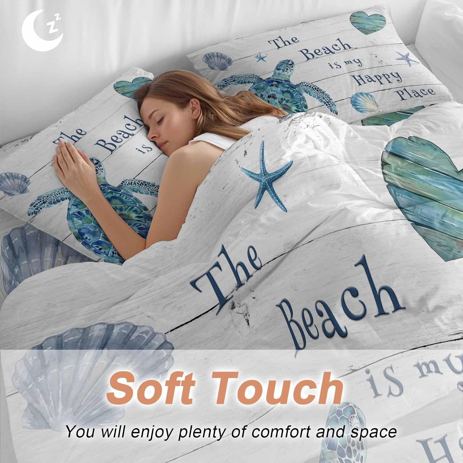 Blue Sea Turtle Duvet Cover Set Queen Size 4 Pieces Beach Happy Place Seashell Starfish Retro Wood Grain Bedding Set with Zipper Closure, 1 Comforter Cover 92x106 Inches 1 Flat Sheet & 2 Pillow Cases
