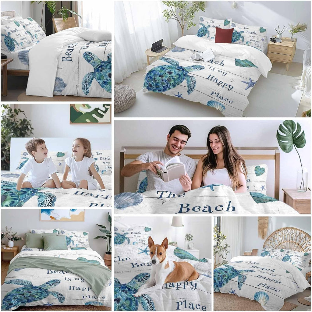 Blue Sea Turtle Duvet Cover Set Queen Size 4 Pieces Beach Happy Place Seashell Starfish Retro Wood Grain Bedding Set with Zipper Closure, 1 Comforter Cover 92x106 Inches 1 Flat Sheet & 2 Pillow Cases
