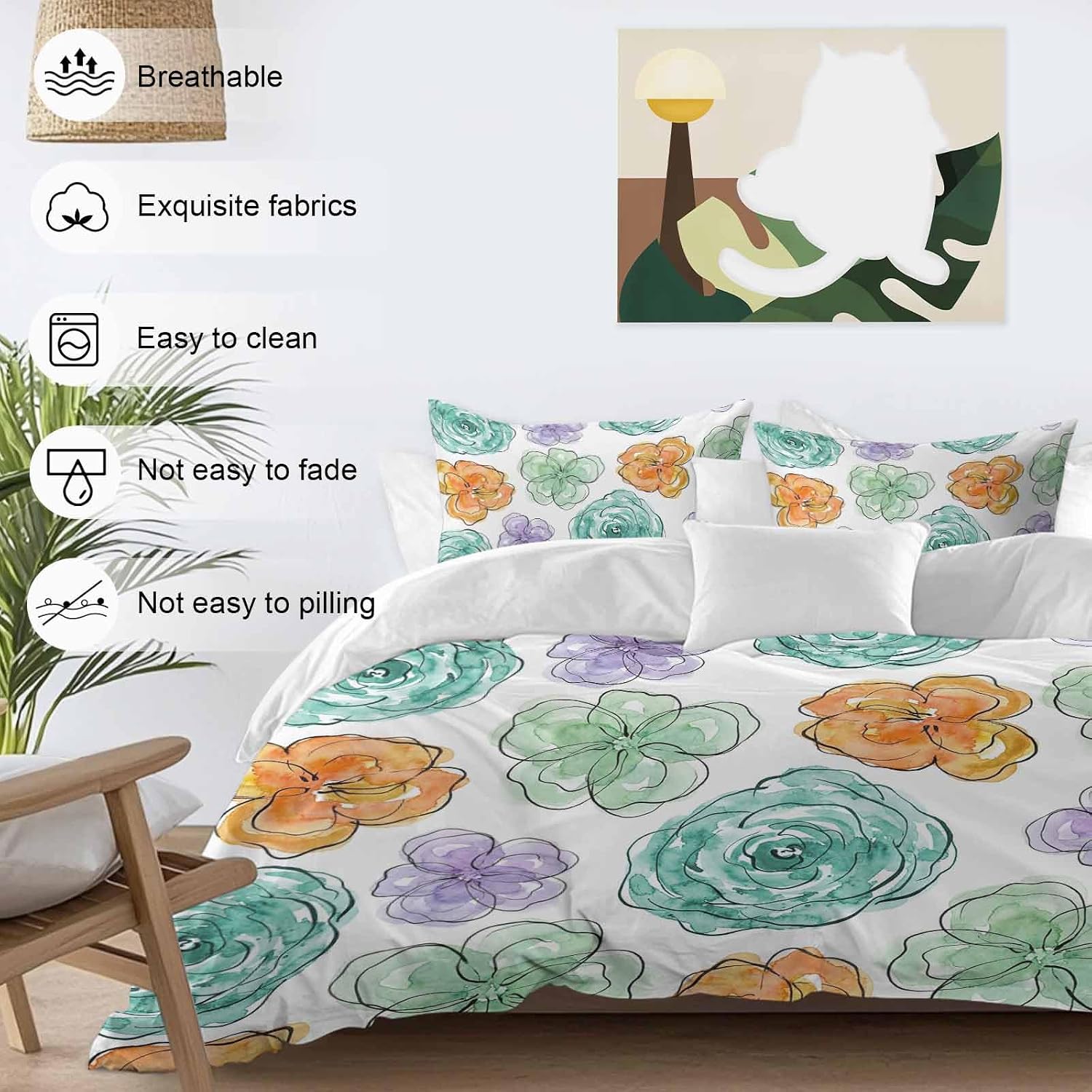 Abstraction Art Duvet Cover Set Queen Size 4 Pieces Watercolors Flowers Minimalist Lines Modern Bedding Set with Zipper Closure, 1 Comforter Cover 92x106 Inches 1 Flat Sheet & 2 Pillow Cases