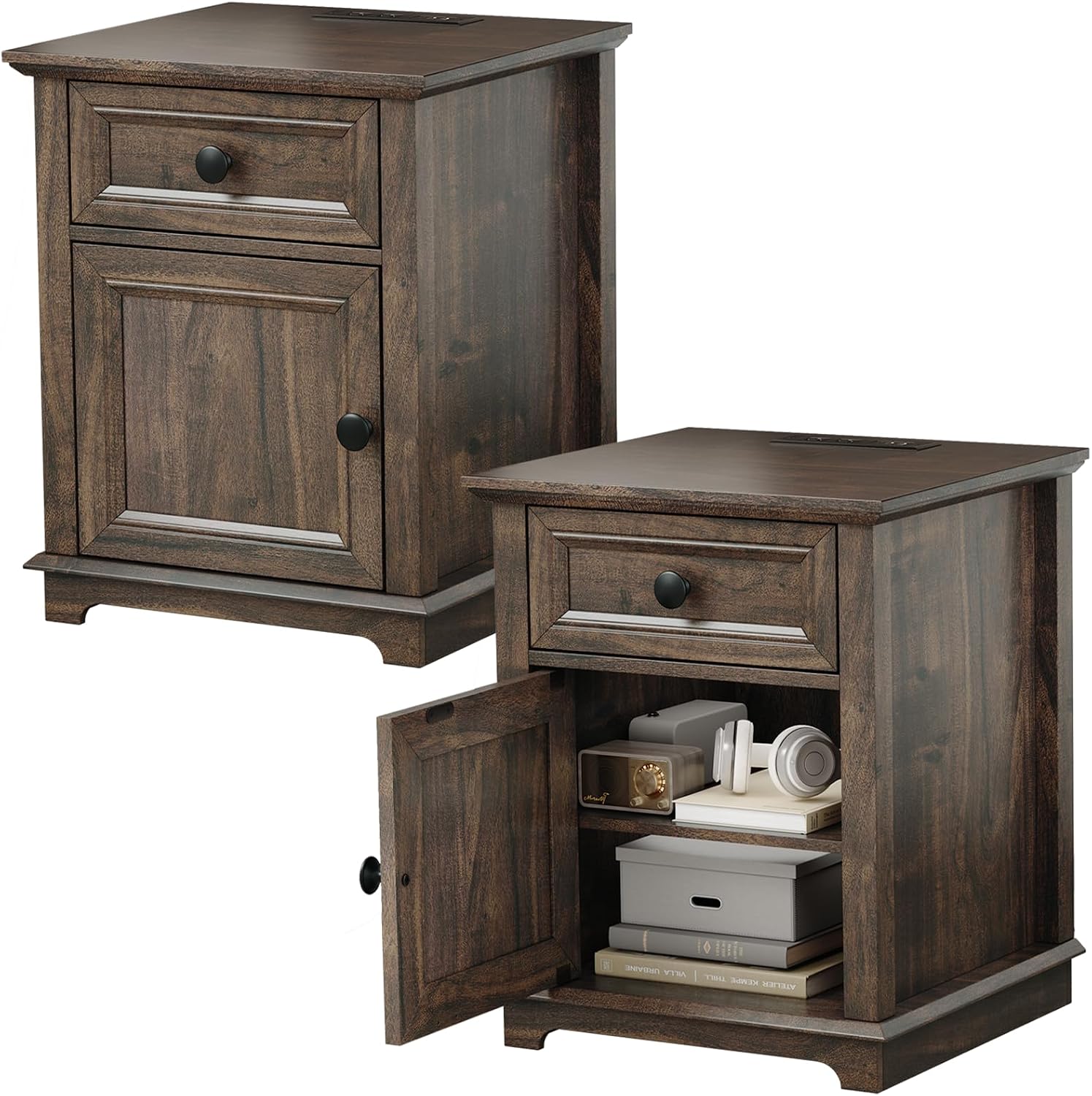 REDAYFUR End Tables with Fast-Charge Sets, Side Tables with Drawers, Storage Side Tables Living Room, Adjustable Shelf, Bedroom Nightstands Set of 2, Rustic Brown