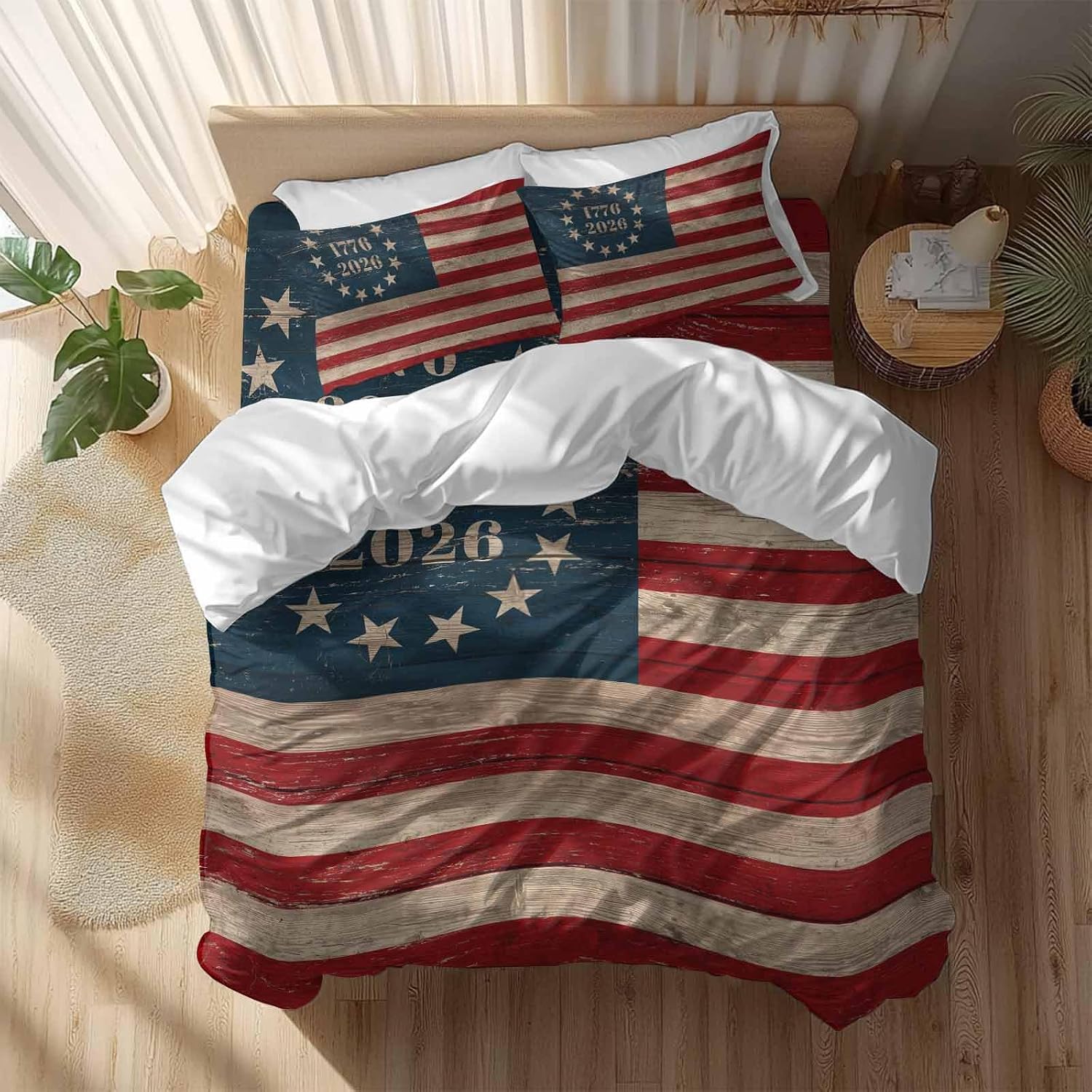Independence Day Duvet Cover Set Queen Size 4 Pieces Retro American Flag Patriotic Red Blue Stripe Star Bedding Set with Zipper Closure, 1 Comforter Cover 92x106 Inches 1 Flat Sheet & 2 Pillow Cases