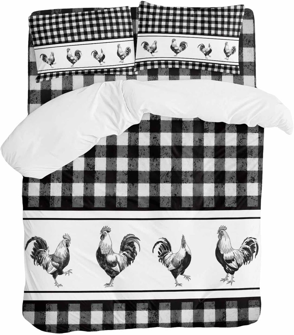 Prime Leader Vintage Black Plaid Duvet Cover Set Queen Size 4 Pieces Farm Cock Chicken Animal Watercolor Bedding Set with Zipper Closure, 1 Comforter Cover 92x106 Inches 1 Flat Sheet & 2 Pillow Cases