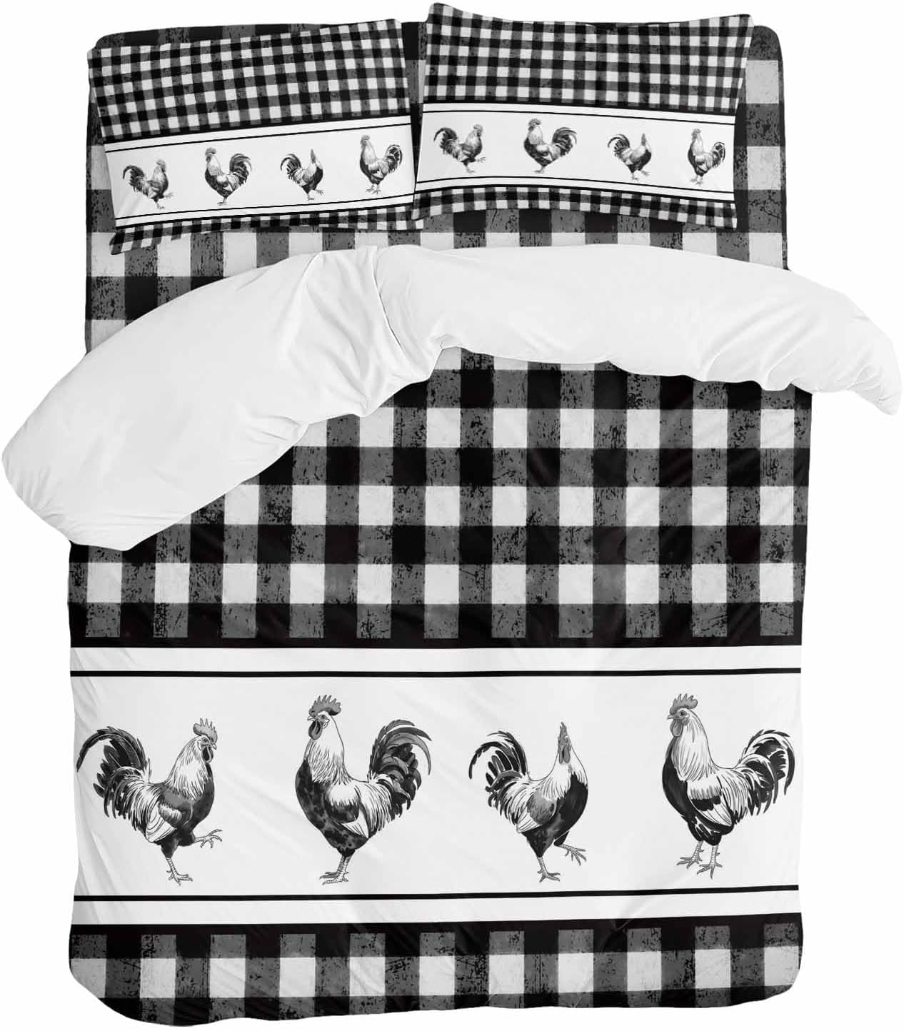 Prime Leader Vintage Black Plaid Duvet Cover Set Queen Size 4 Pieces Farm Cock Chicken Animal Watercolor Bedding Set with Zipper Closure, 1 Comforter Cover 92x106 Inches 1 Flat Sheet & 2 Pillow Cases
