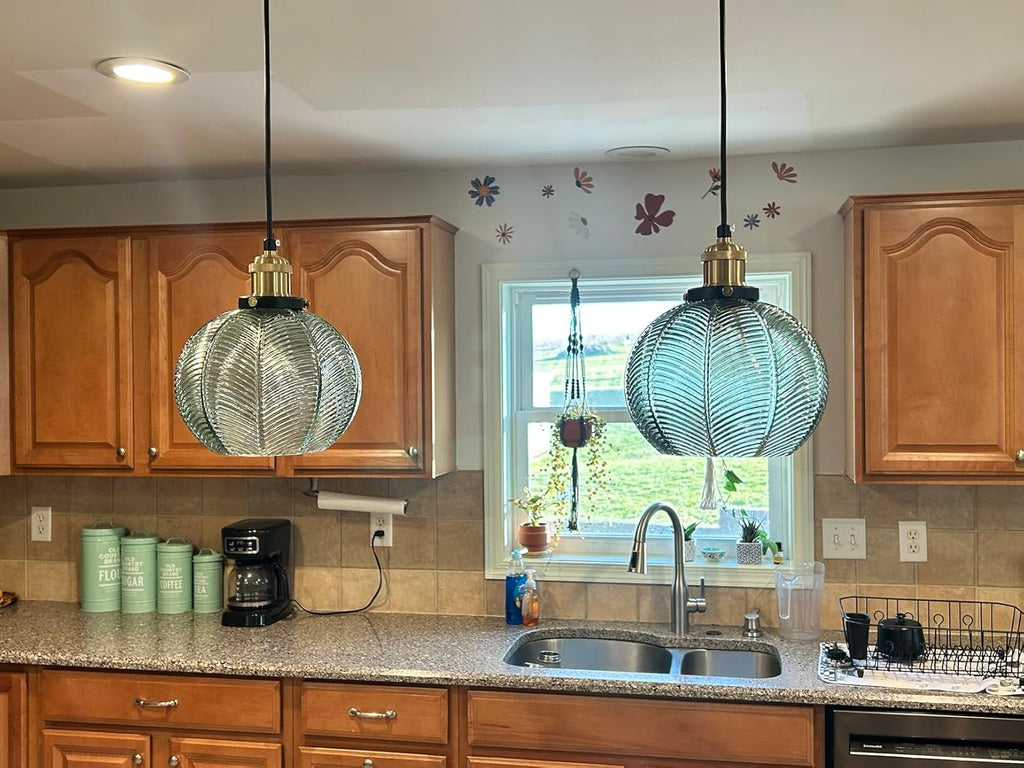 7.8in Vintage Pendant Light 2- Light Kitchen Sink Pendant Lights with Green Hand Blown Glass Small Hanging Lamp for Kitchen Island Dining Room Bedroom Bathroom Hallway E26