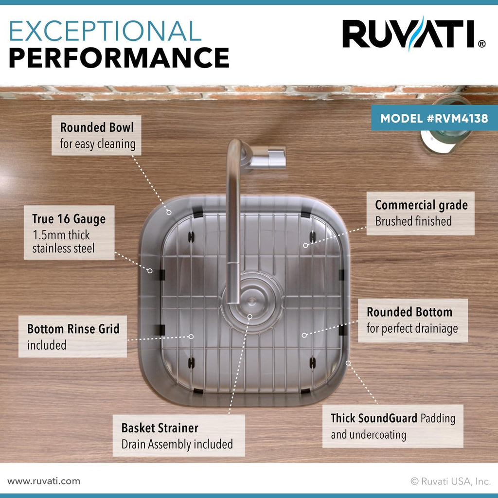 Ruvati 16 x 16 Inch RVM4138 Undermount Bar Sink - 16 Gauge Stainless Steel Kitchen Sink Single Bowl with Brushed Finish hides scratches, Easy-to-Clean Undermount kitchen Sink