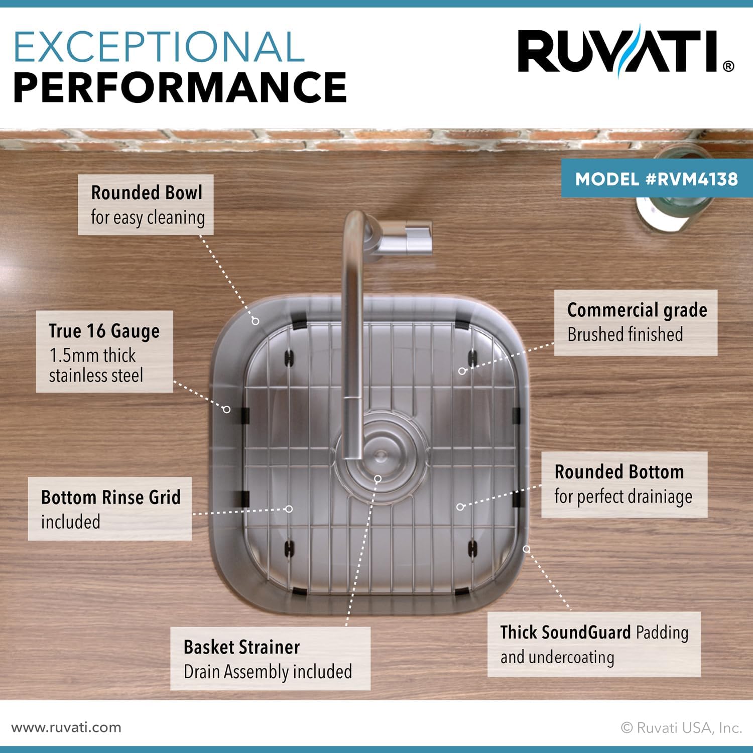 Ruvati 16 x 16 Inch RVM4138 Undermount Bar Sink - 16 Gauge Stainless Steel Kitchen Sink Single Bowl with Brushed Finish hides scratches, Easy-to-Clean Undermount kitchen Sink