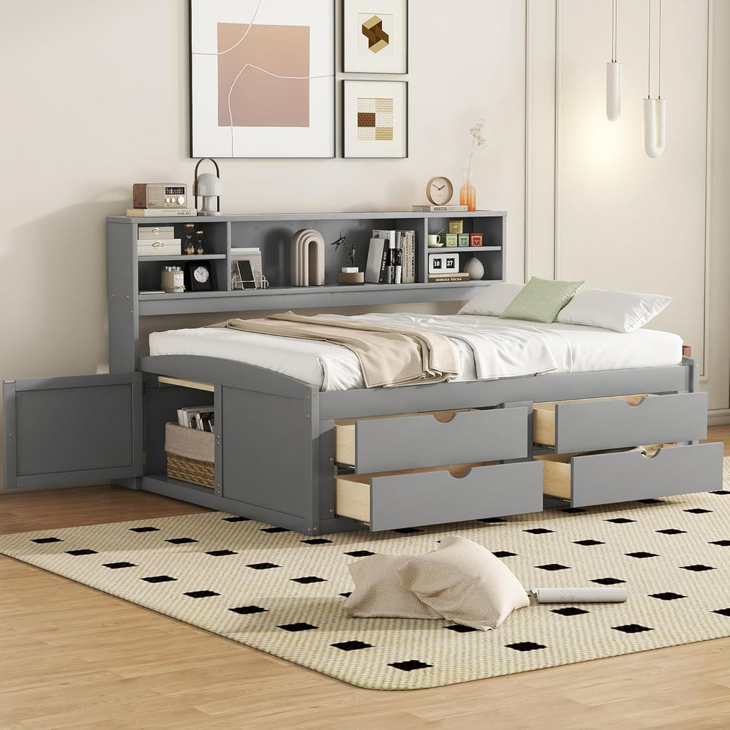 MERITLINE Full Daybed with Storage Bookcase,Shelves and Drawers,Solid Wood Full Captain's Bed Frame with Drawers for Adults,No Box Spring Needed (Grey)