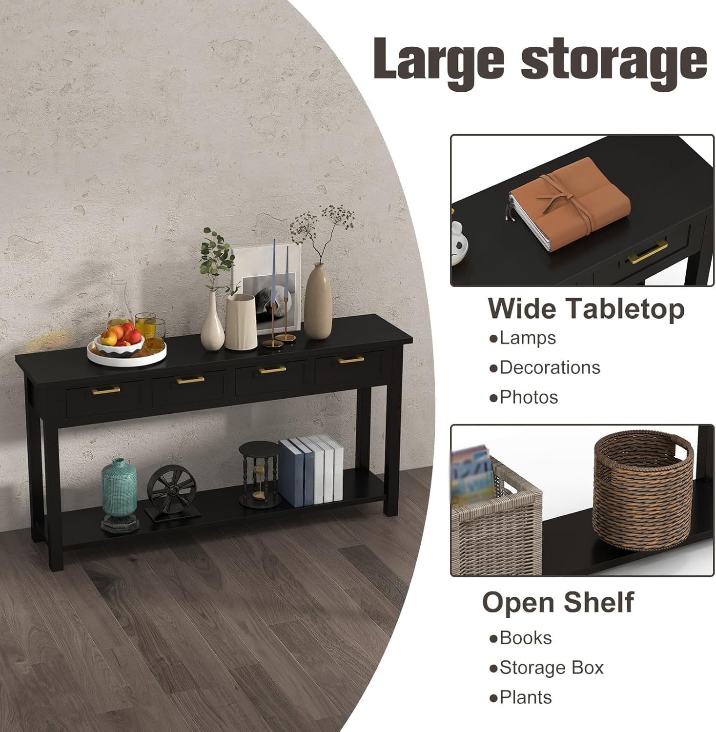 kinbor Black Entryway Table 60 Inch - Long Console Table with 4 Drawers, Narrow Sofa Table with Storage Shelf for Entryway Living Room