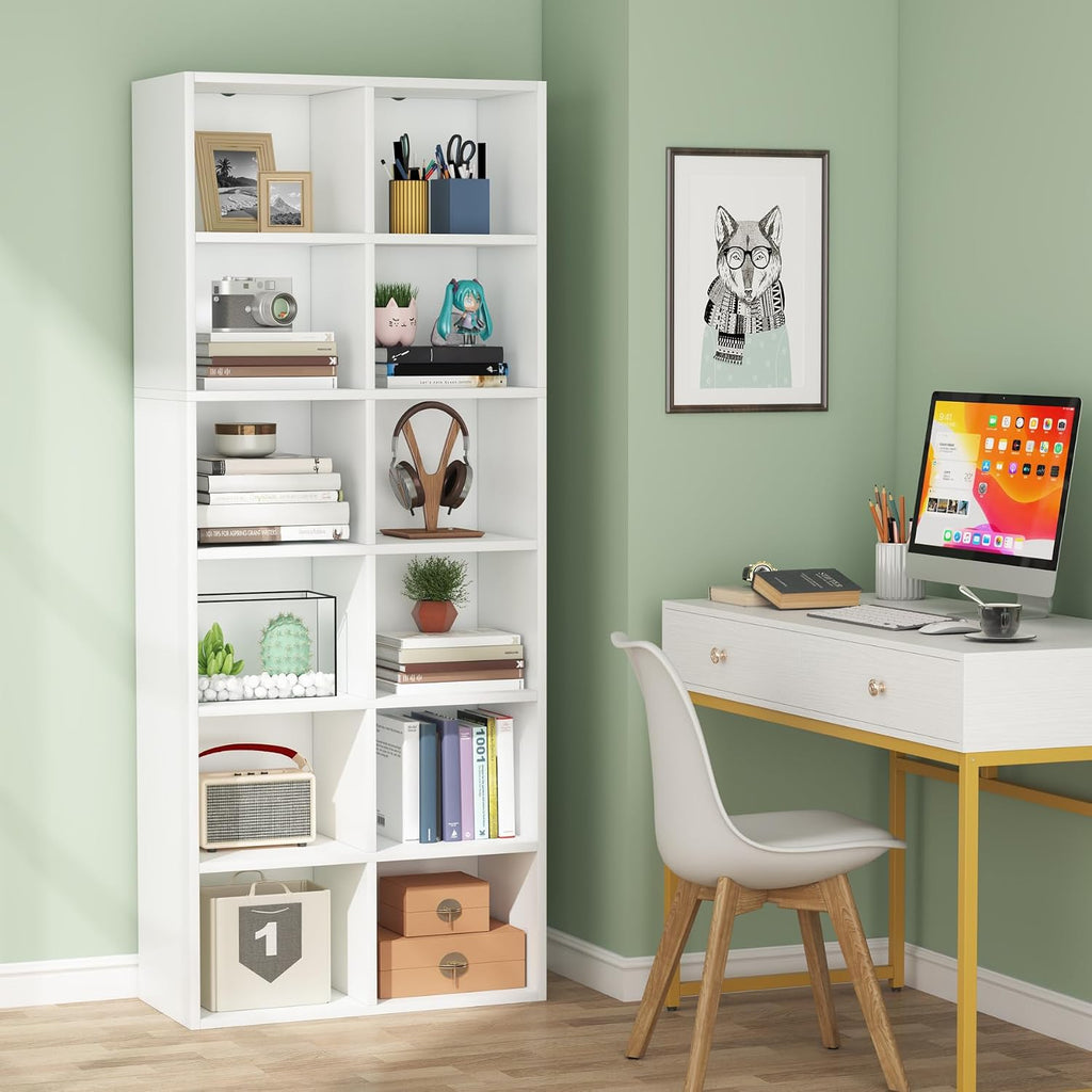 Tribesigns 71.65 Inch Tall Narrow Bookcase Bookshelf, White Modern Bookcase with 12 Cube Storage for Home Office, Vertical or Horizontal