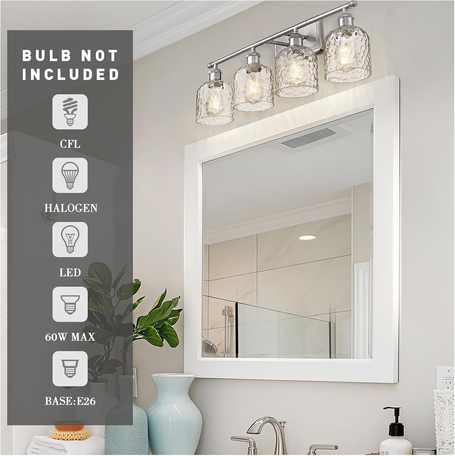 zeyu 27 Inch Bathroom Wall Light Over Mirror, 4-Light Vanity Lighting Fixture, Brushed Nickel Finish with Clear Hammered Glass, ZJF63B-4W BN