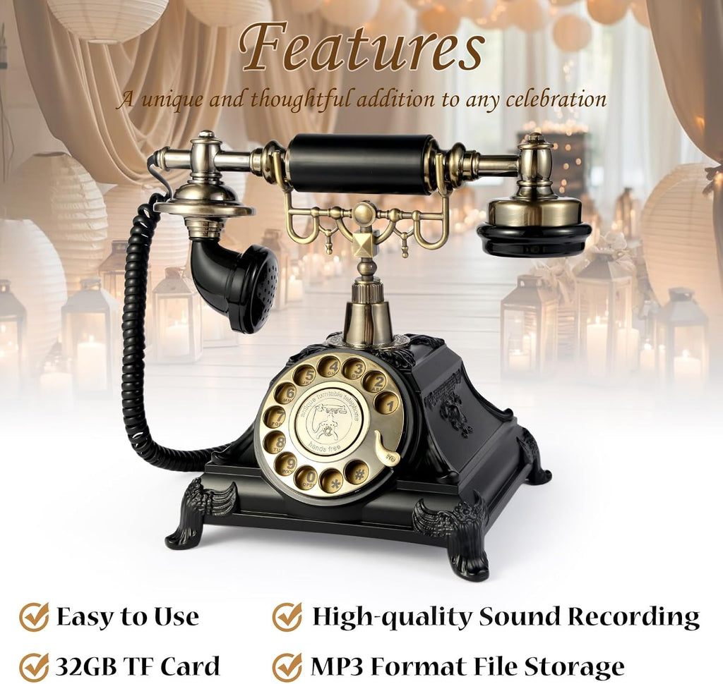 Audio Guest Book Wedding Phone, Audio Guest Book Record Customized Audio Messages Guest Book Alternatives Classic Rotary Phone for Parties Birthdays Rentals Confessions Special Occasions(Black)