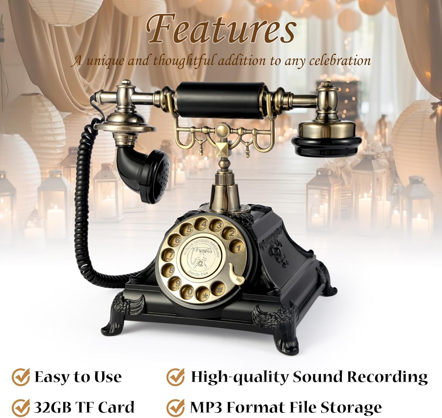 Audio Guest Book Wedding Phone, Audio Guest Book Record Customized Audio Messages Guest Book Alternatives Classic Rotary Phone for Parties Birthdays Rentals Confessions Special Occasions(Black)