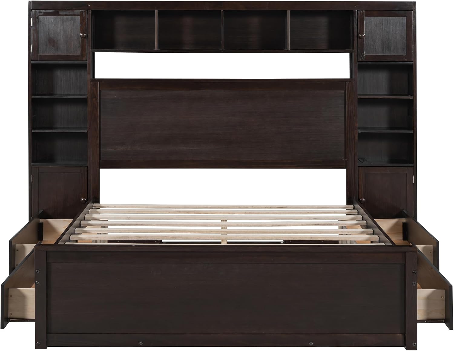 Merax Queen Size Wooden Bed with All-in-One Cabinet, Espresso Platform Bed Frame with 4 Drawers, Shelf and Sockets