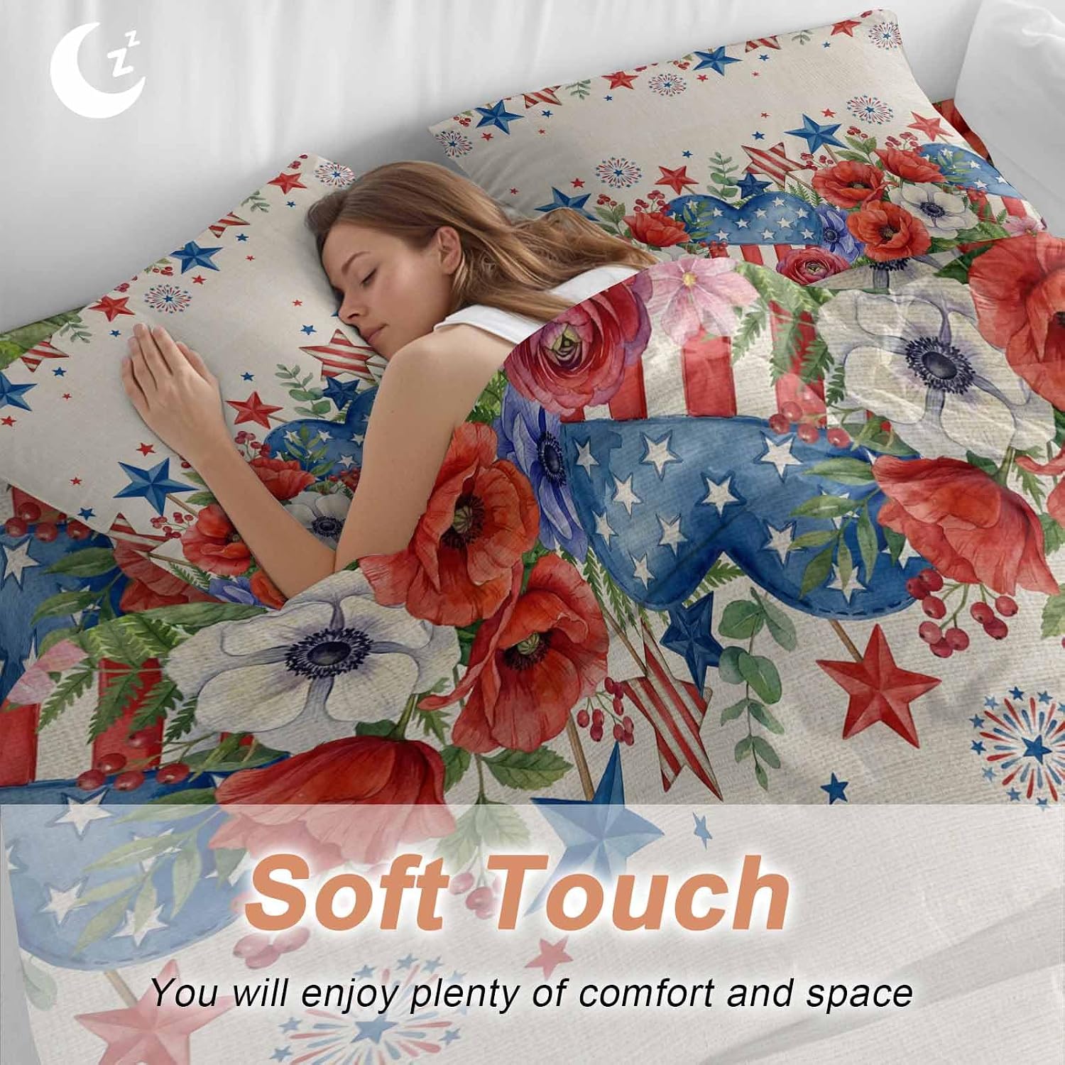 Independence Day Duvet Cover Set Queen Size 4 Pieces Blue Red White Floral Flower Love Heart Retro Bedding Set with Zipper Closure, 1 Comforter Cover 92x106 Inches 1 Flat Sheet & 2 Pillow Cases