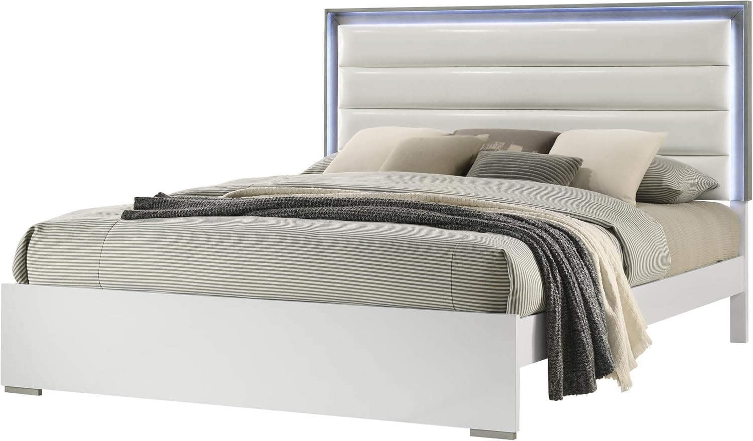 Contemporary Style 4 Pc Full Bedroom Set with LED Headboard Made with Wood in White