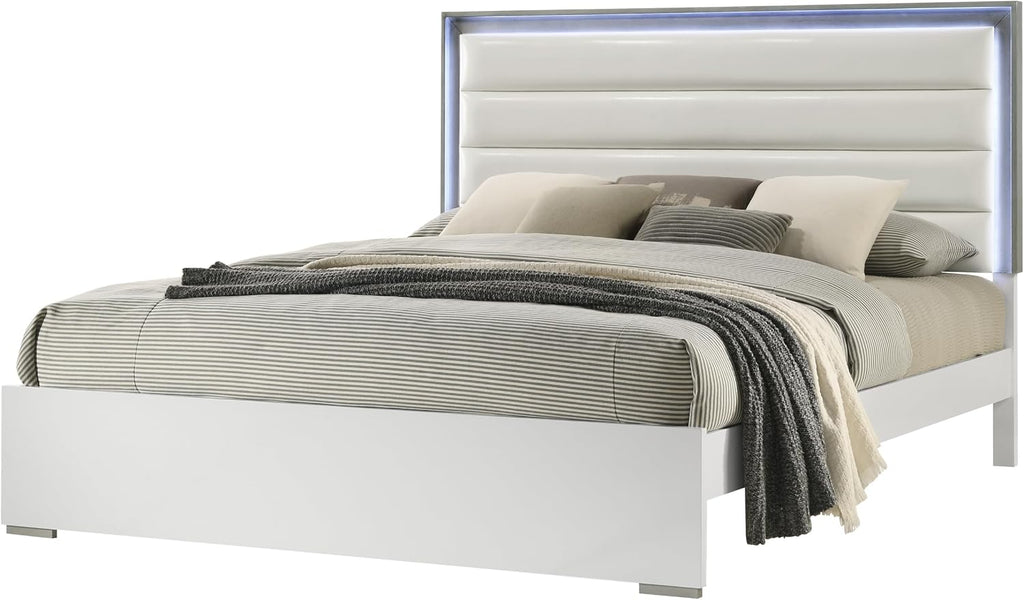 Contemporary Style 4 Pc Full Bedroom Set with LED Headboard Made with Wood in White