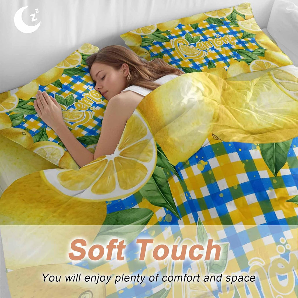 Summer Fruit Duvet Cover Set Queen Size 4 Pieces Watercolor Lemon Frame Letter Print Blue Yellow Plaid Bedding Set with Zipper Closure, 1 Comforter Cover 92x106 Inches 1 Flat Sheet & 2 Pillow Cases