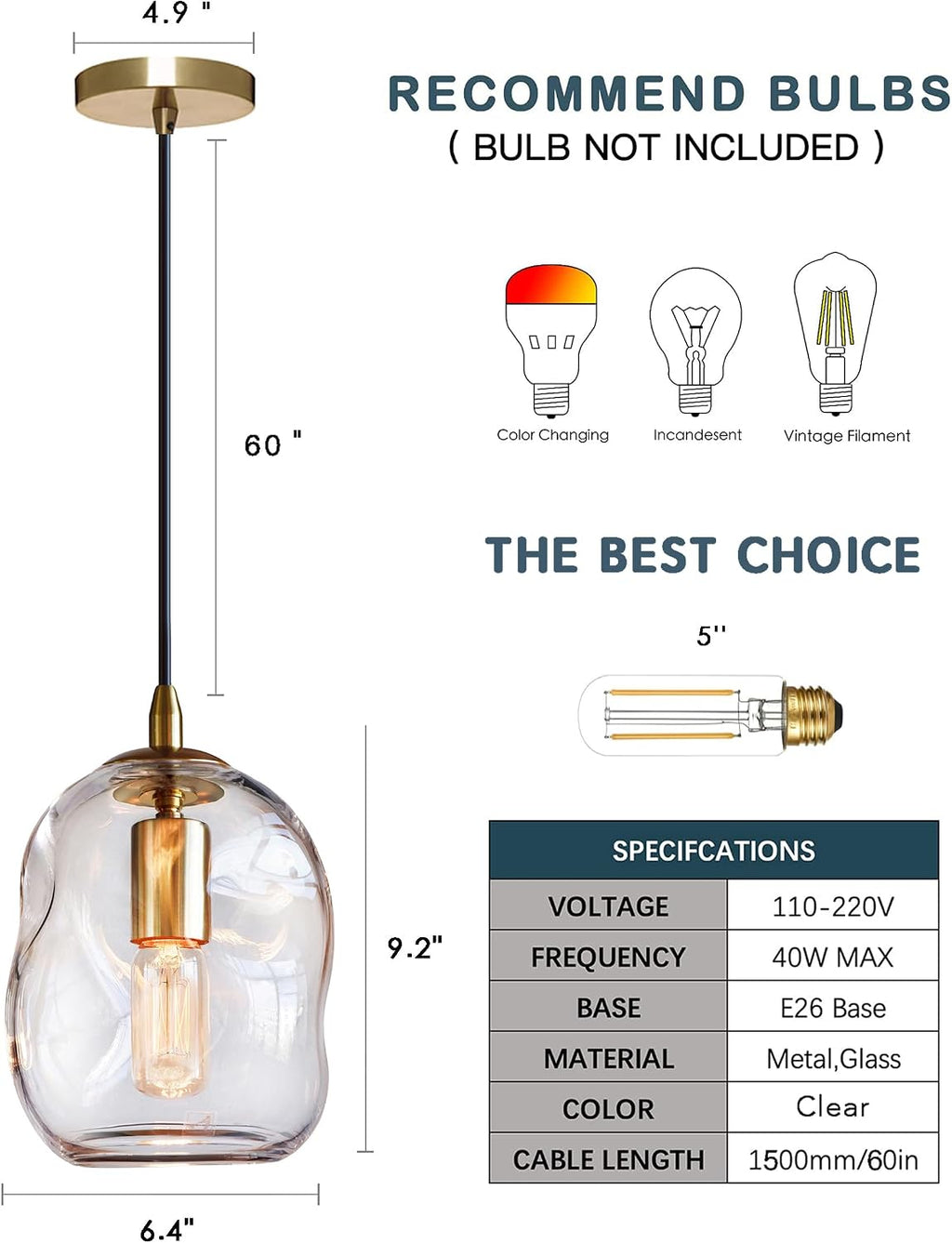 CASAMOTION Pendant Lights Kitchen Island 2 Pack Modern Contemporary Clear Glass Organic Globe Brass Gold Hanging Light Adjustable Cord Bedroom Dining Table Small Medium Lamp 8 Inch