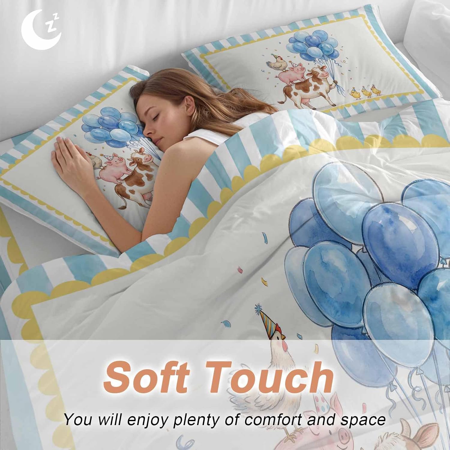 Pig Cow Duvet Cover Set Queen Size 4 Pieces Hen Chicks Blue Balloons Watercolor Animal Yellow Border Striped Bedding Set with Zipper Closure,1 Comforter Cover 92x106 Inches 1 Flat Sheet&2 Pillow Cases