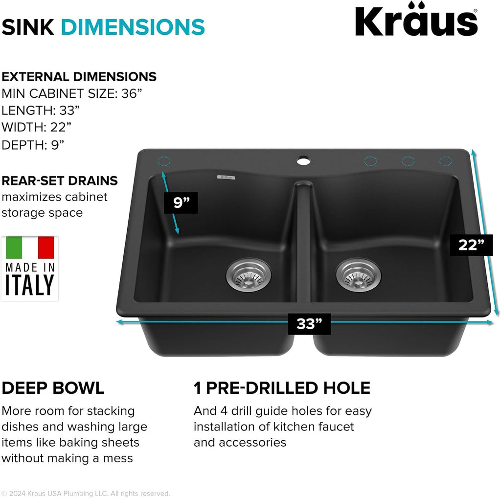 KRAUS Forteza 33-inch Drop in/Undermount 50/50 Double Bowl Granite Kitchen Sink in Black, KGD-52BLACK
