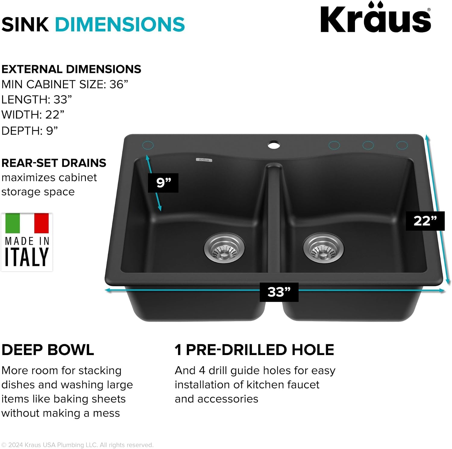 KRAUS Forteza 33-inch Drop in/Undermount 50/50 Double Bowl Granite Kitchen Sink in Black, KGD-52BLACK