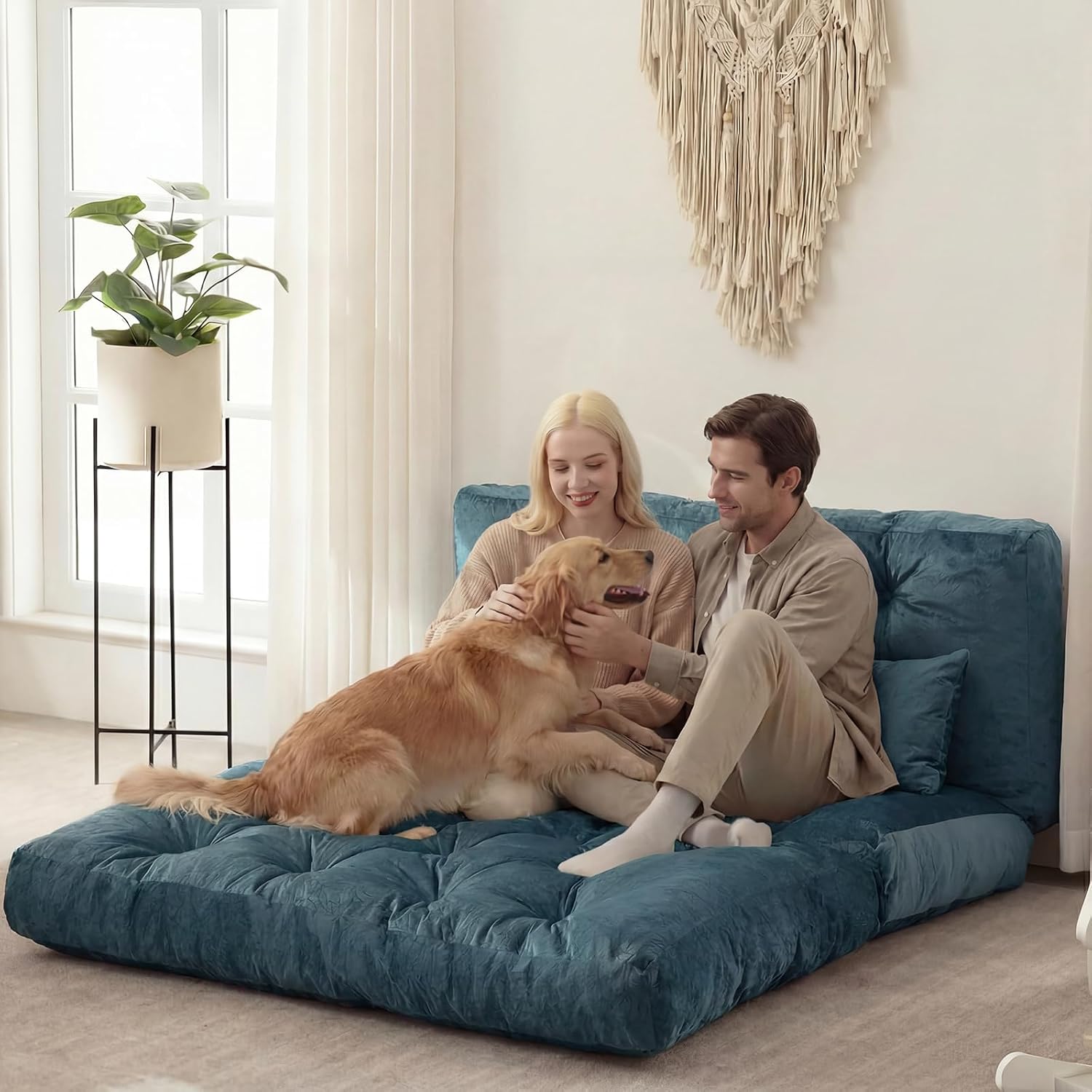 Folding Sofa Bed, Convertible Sleeper Chair with Pillow Foldable Mattress with Back Support, Portable Fold Out Chair Bed Comfy Floor Sofa Lounge for Living Room Bedroom, Blue Full 80x54 Inch