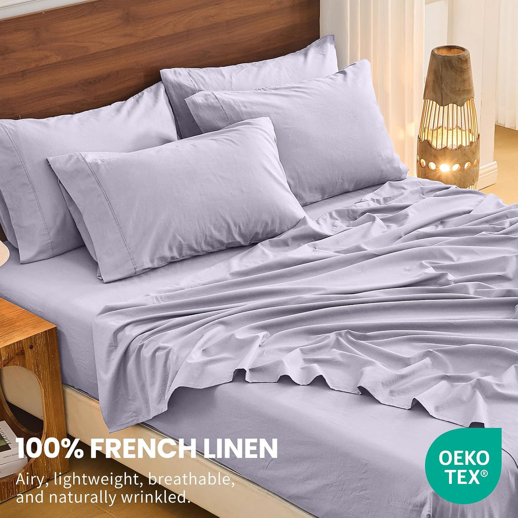 Bedlifes 100% French Flax Linen Sheets Set California King Size-6 Piece Extra Deep Pocket 18-24',Soft Breathable Cal King Bed Sheets with Temperature Regulating & Moisture-Wicking(Lavender