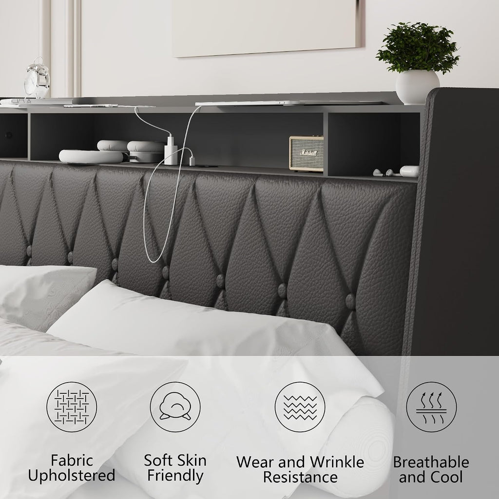 Black Full Bed Frame with Headboard, Metal Platform Bed Full Size with 2-Tier Bookshelf Storage, and 4 Storage Drawers & Charging Station Type C, No Box Spring Needed (Black+LED, Full)