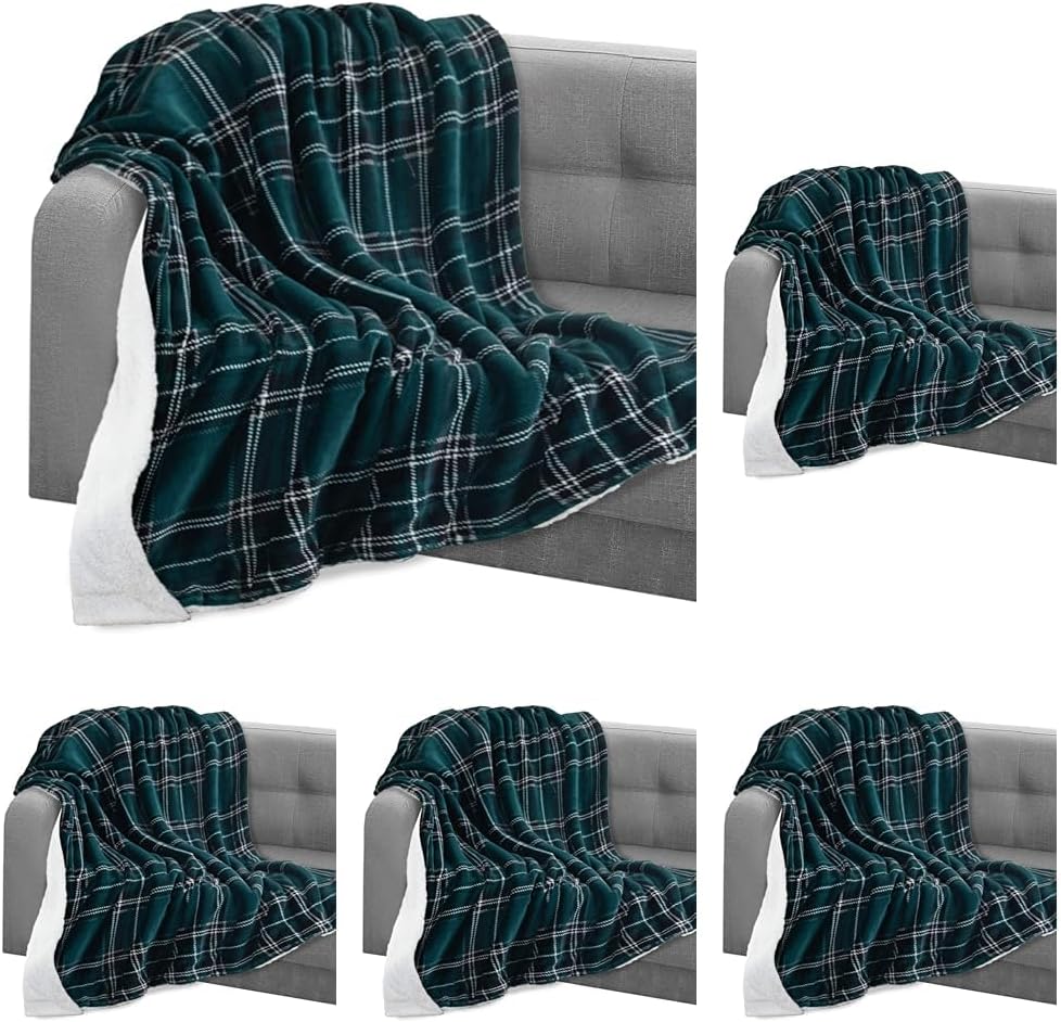 Elegant Comfort Throw Blanket, Reversible Sherpa Flannel, Ultra-Soft, Fuzzy, Cozy and Plush- All Season Lightweight Decorative Throw, 50 x 60 inches, Plaid Design Sherpa Throw, Green (Pack of 5)
