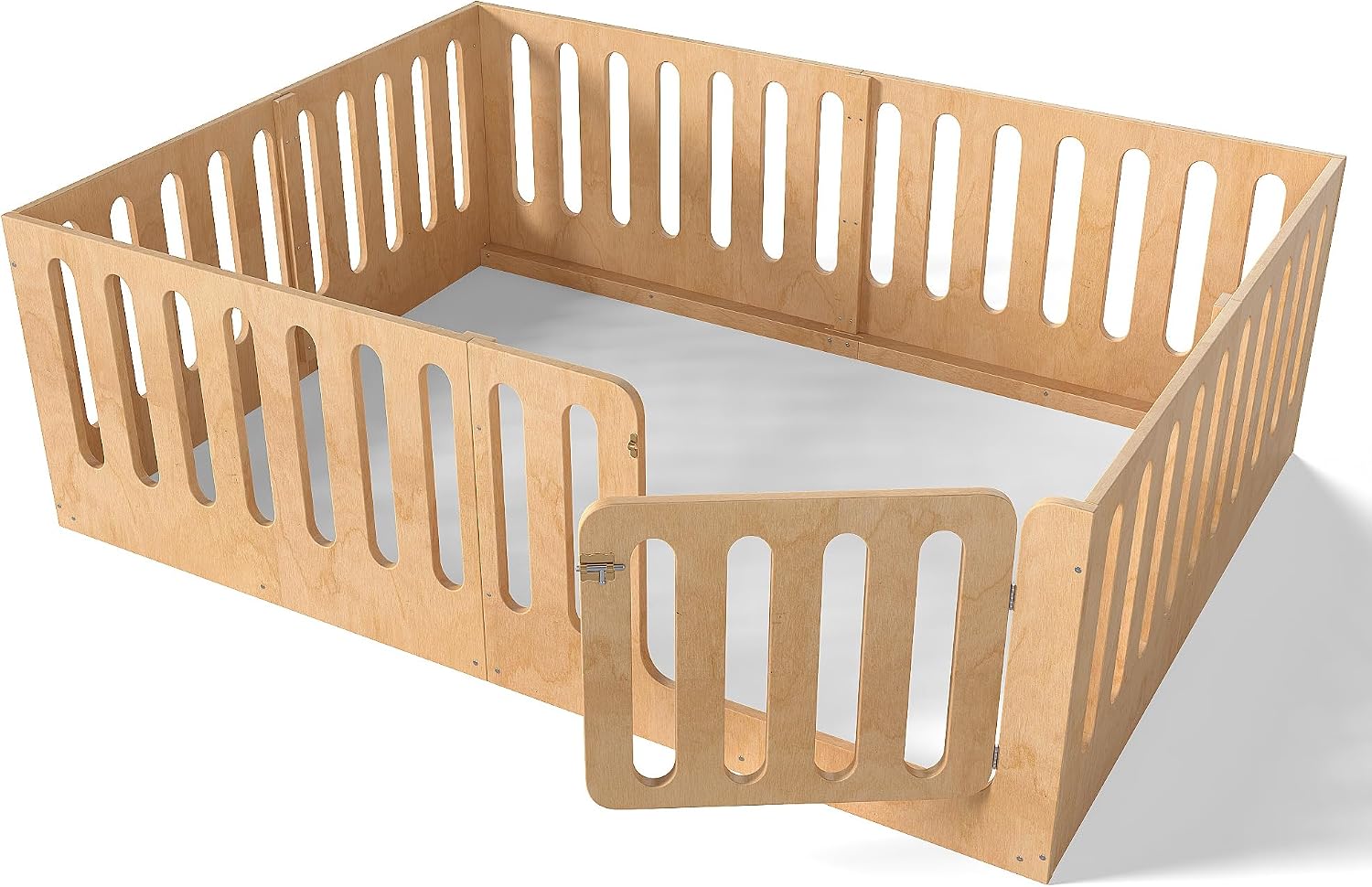 Bellemave Queen Size Kids Montessori Floor Bed,Queen Size Floor Bed Frame with High Fence and Door,Solid Wood Montessori Bed for Girls Boys,Natural