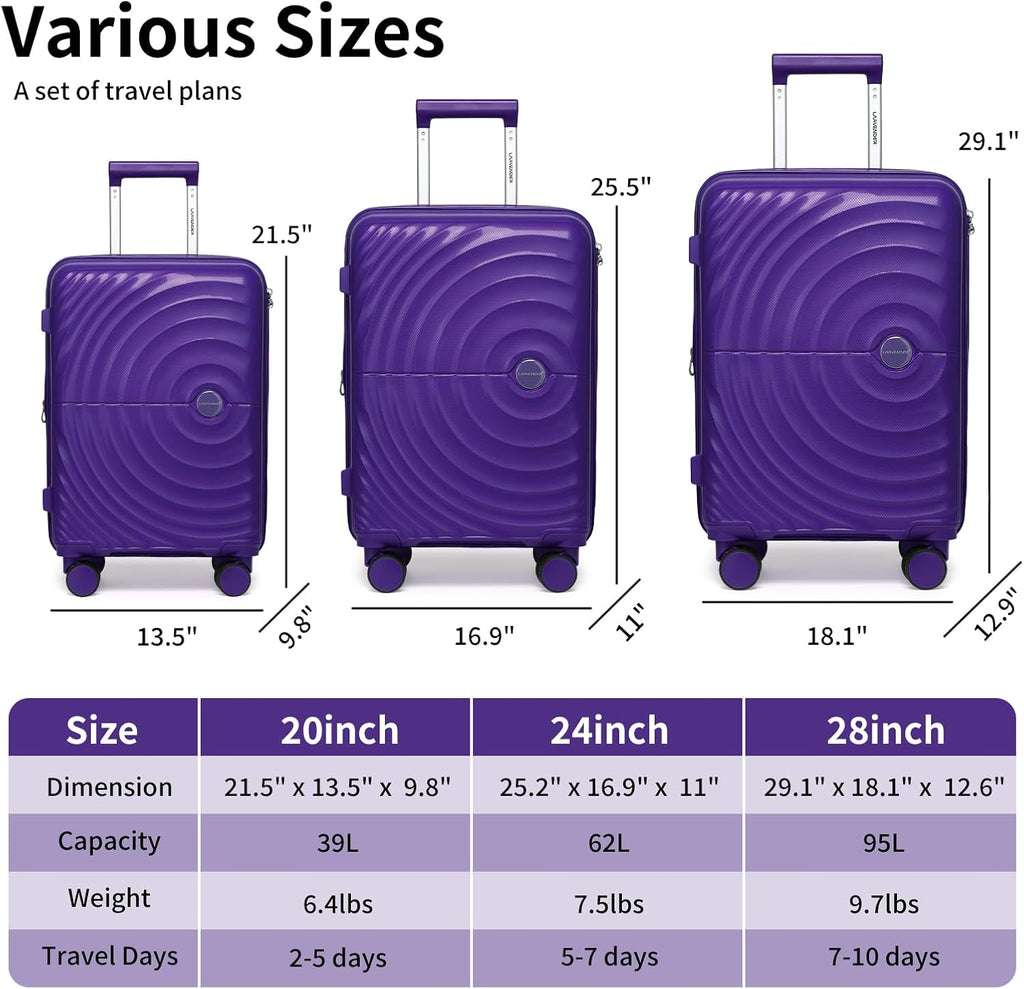 LARVENDER Luggage Sets 5 Piece Suitcases with Wheels Durable Hardshell Expandable Carry On with Lightweight Checked Duffel Bag Sets for Family Travel (28/24/20inch, Grape Purple)