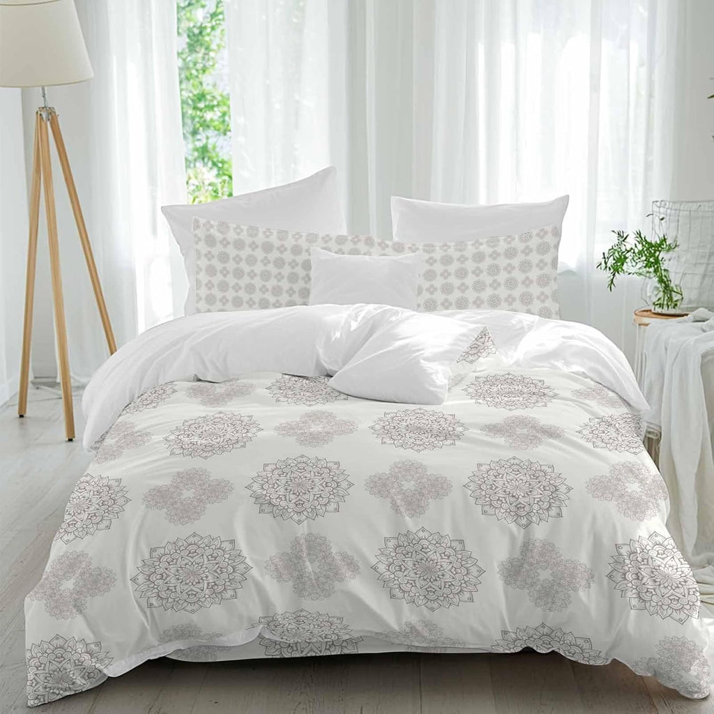 Grey Boho Flower Duvet Cover Set Queen Size 4 Pieces Abstract Bosemia Geometric Graphic Rustic Country Bedding Set with Zipper Closure, 1 Comforter Cover 92x106 Inches 1 Flat Sheet & 2 Pillow Cases