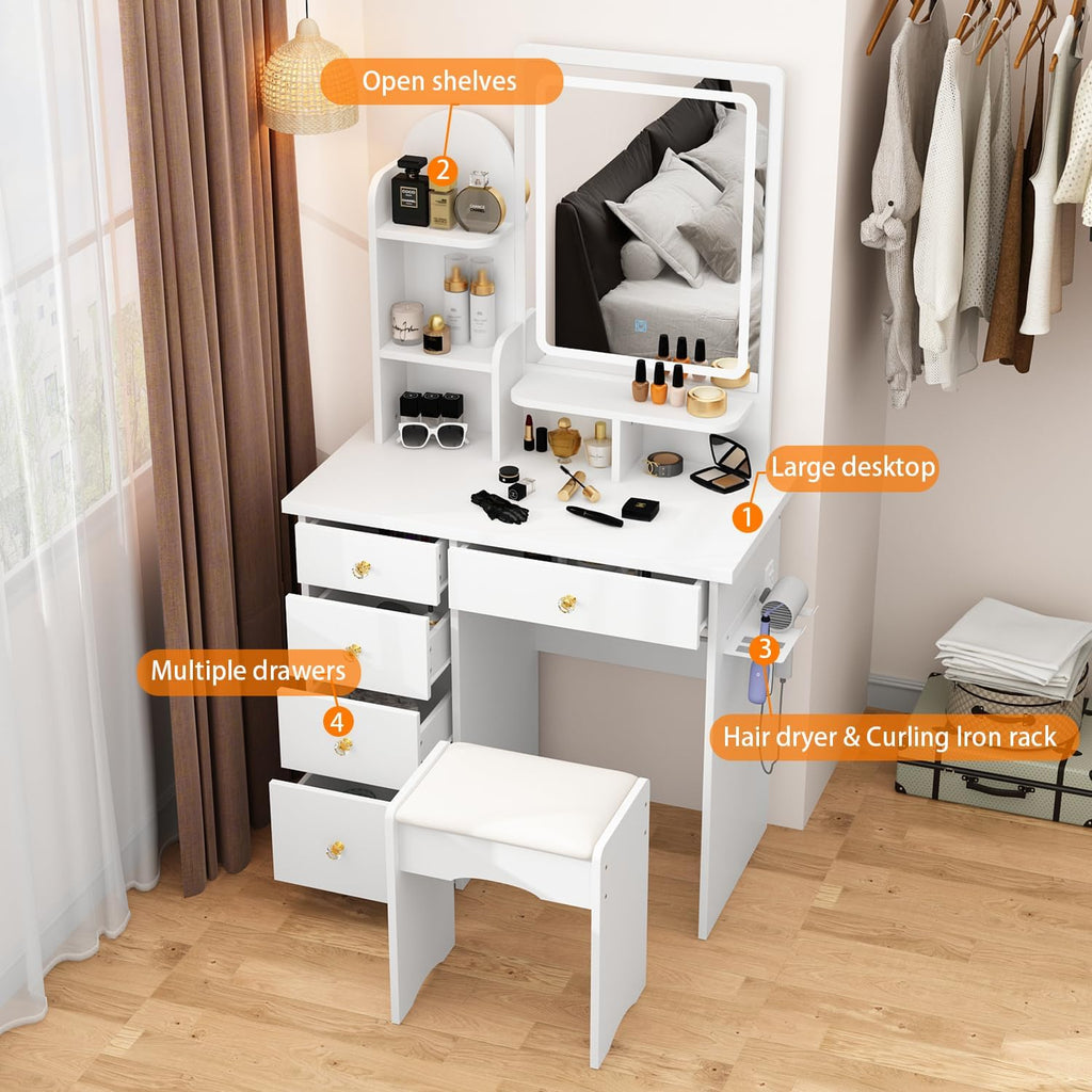 FUFU&GAGA Vanity Set with Rectangular Mirror, Makeup Vanity Dressing Table with 5 Drawers, Shelves, Power Outlet & Hair Dryer Holder, Dresser Desk and Cushioned Stool Set (White/Lighted Mirror)