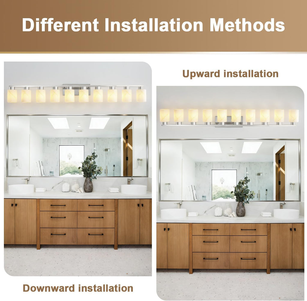 10-Light Bathroom Light Fixtures, Modern Vanity Lights, Brushed Nickel Metal Wall Lamp with White Marble Glass for Bathroom, Mirror, Living Room, Bedroom, Cabinet, Porch, Hallway, E26 Base