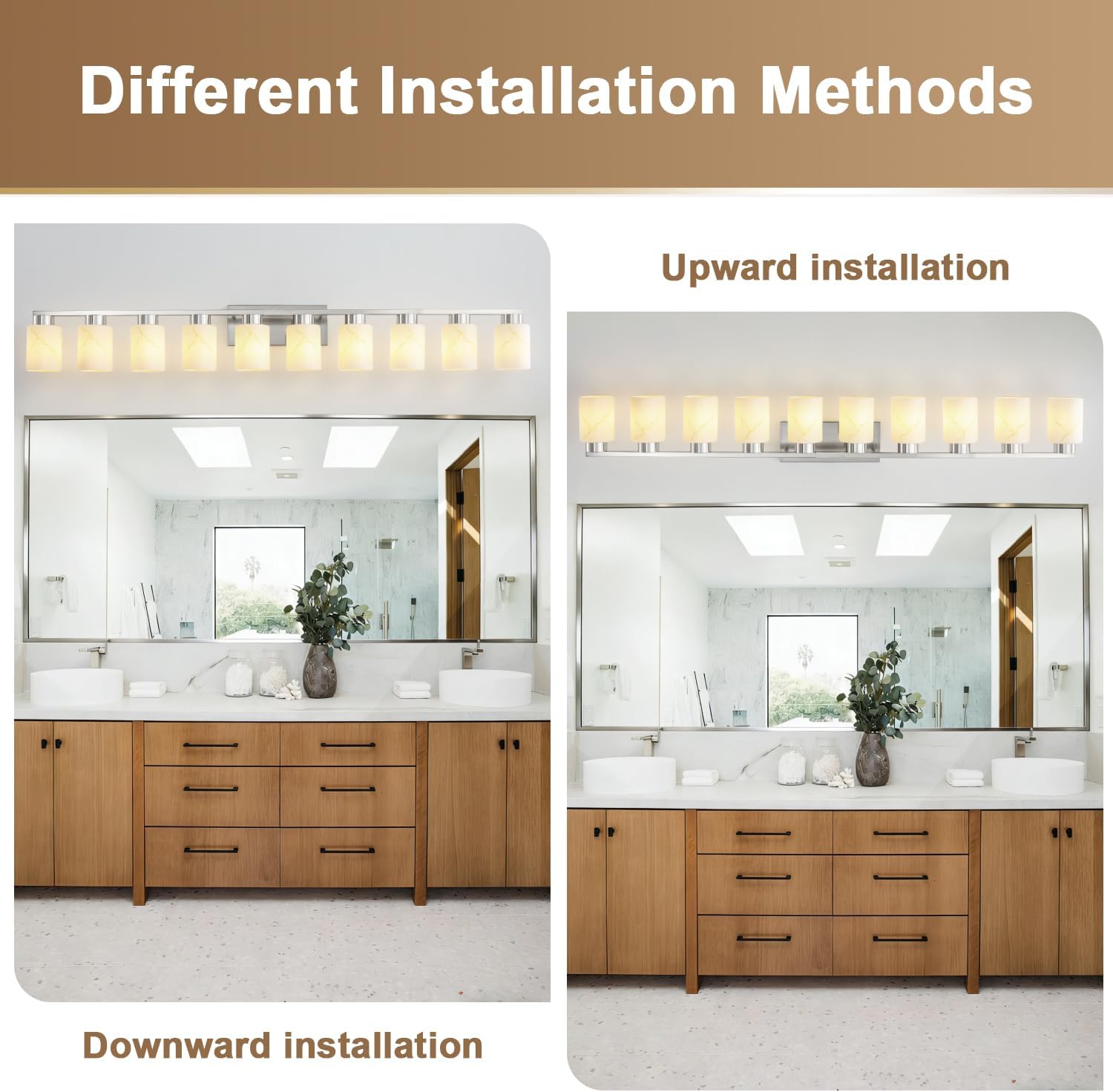 10-Light Bathroom Light Fixtures, Modern Vanity Lights, Brushed Nickel Metal Wall Lamp with White Marble Glass for Bathroom, Mirror, Living Room, Bedroom, Cabinet, Porch, Hallway, E26 Base