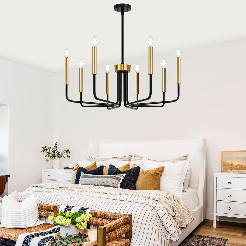 Lynnoland Black and Gold 8-Light Farmhouse Chandelier for Dining Room Lighting Fixtures Hanging, Vintage Candle Pendant Light Fixtures Chandelier for Bedroom, Foyer and Living Room