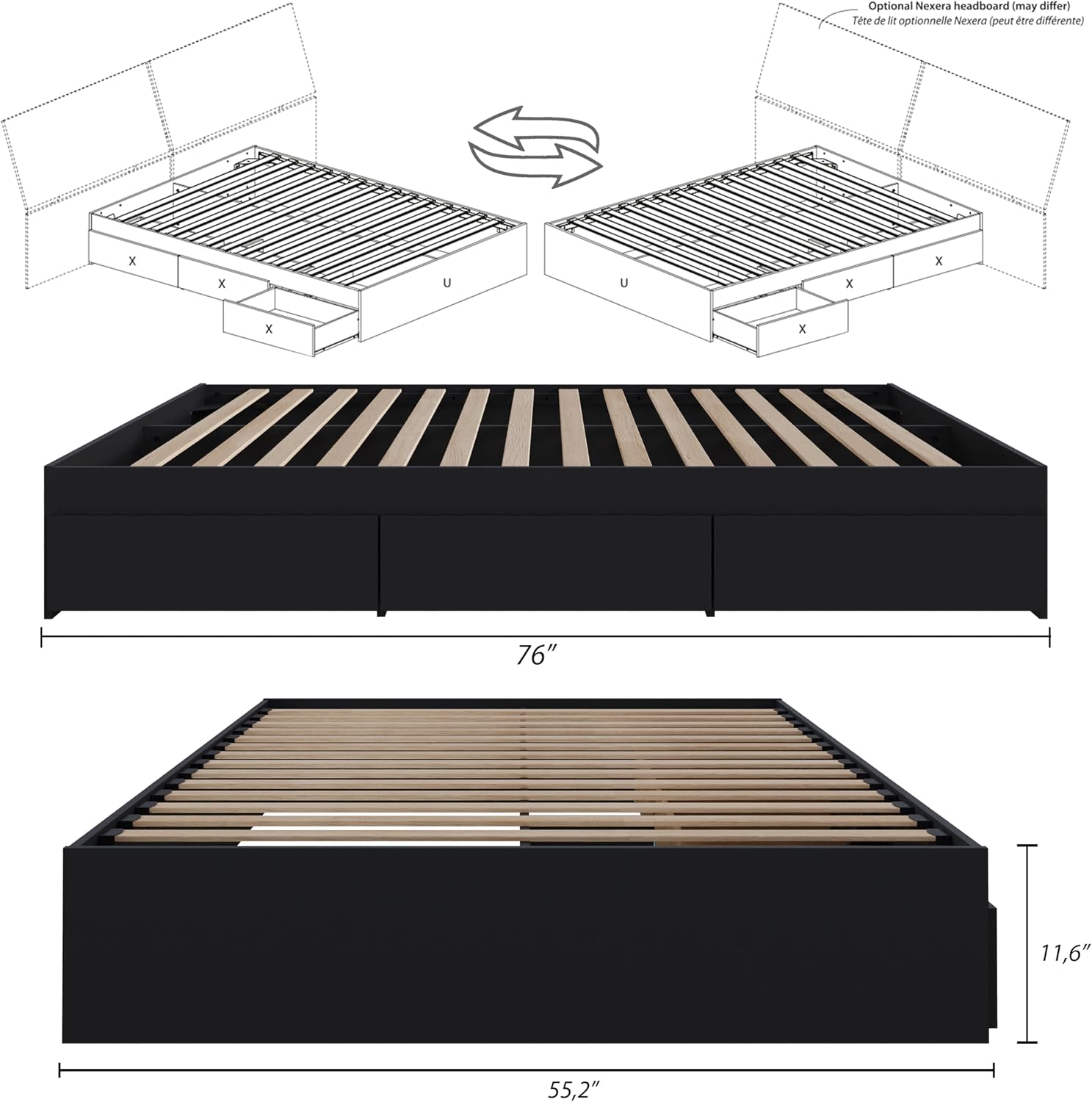 Nexera 3 Drawer Storage Bed, Full, Black