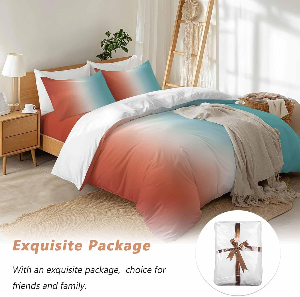 Gradient Orange Blue Duvet Cover Set Queen Size 4 Pieces Modern Abstract Minimalist Orange Ocean Beach Bedding Set with Zipper Closure, 1 Comforter Cover 92x106 Inches 1 Flat Sheet & 2 Pillow Cases