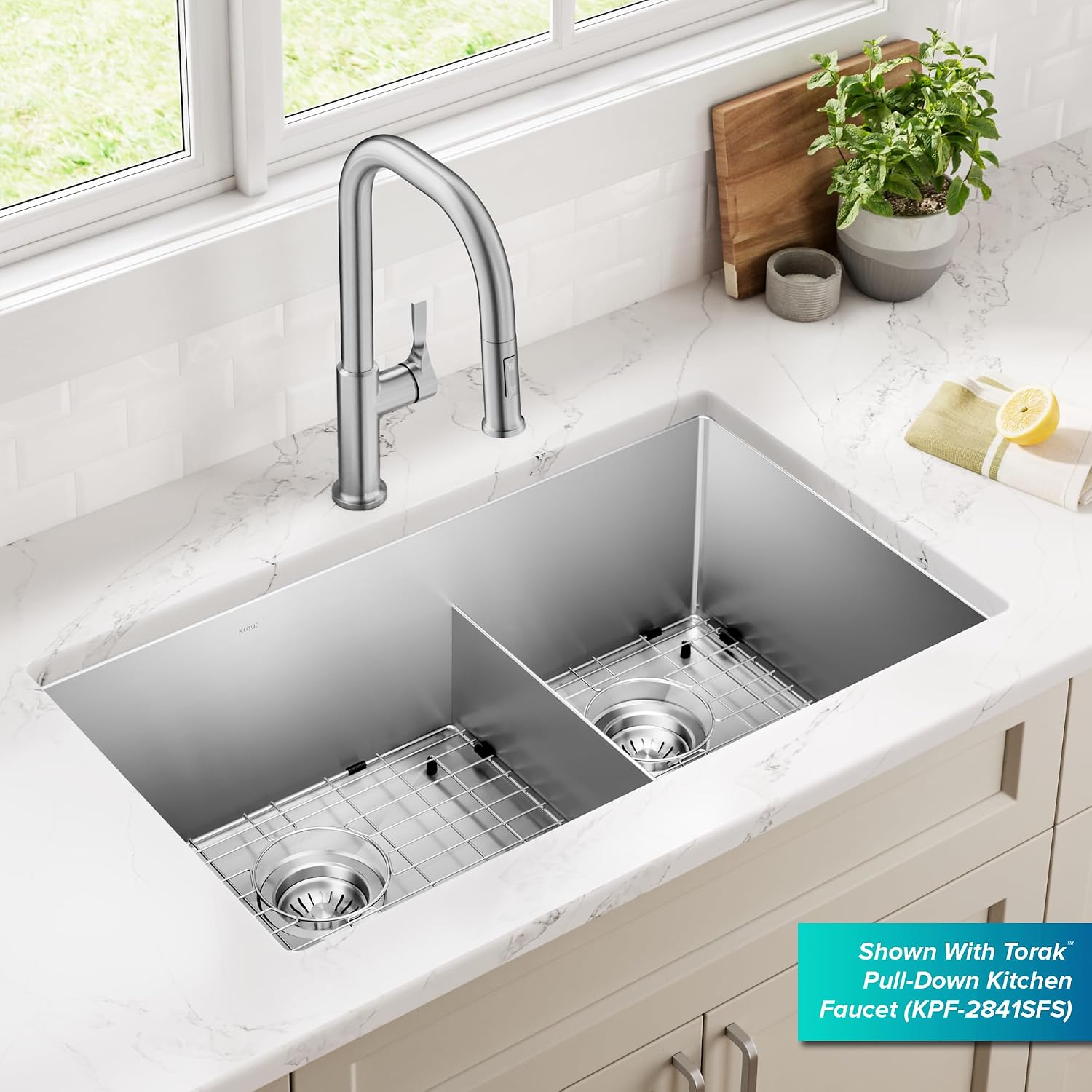 Kraus Kitchen Sinks Undermount - 32 Inch Stainless Steel Kitchen Sink, 60/40 Double Bowl, 16 Gauge, Model KHU103-32