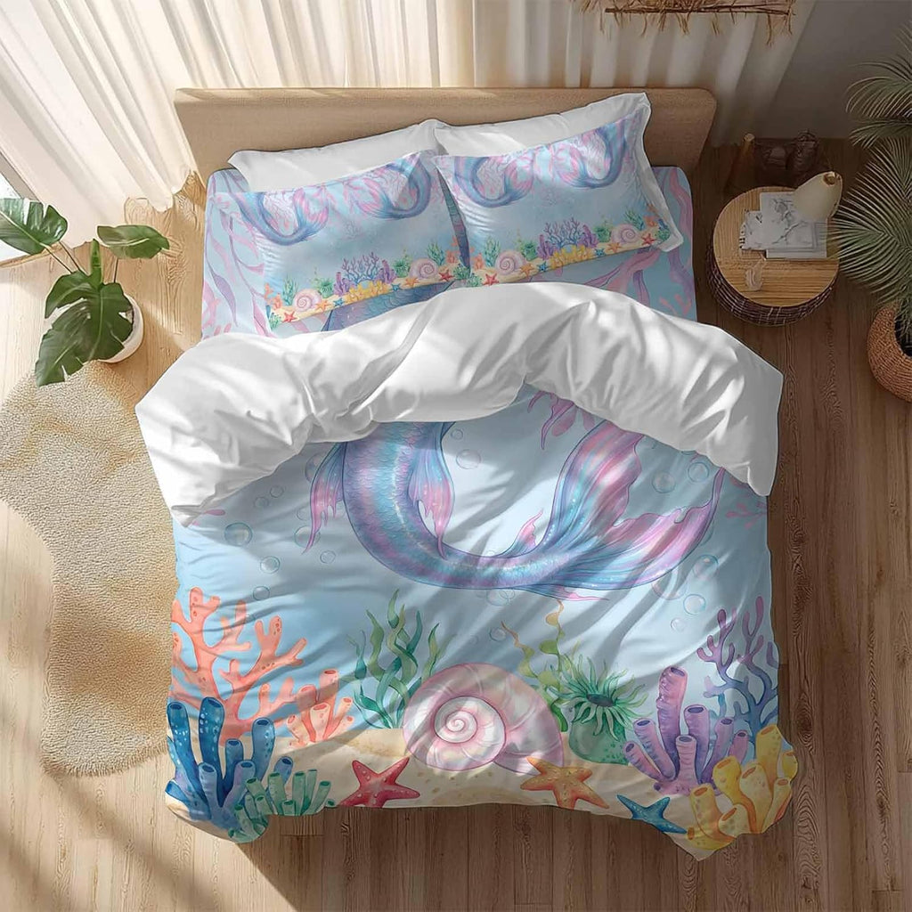 Ocean Marine Life Duvet Cover Set Queen Size 4 Pieces Watercolor Fish Tails Starfish Sea Nut Seagrass Bedding Set with Zipper Closure, 1 Comforter Cover 92x106 Inches 1 Flat Sheet & 2 Pillow Cases