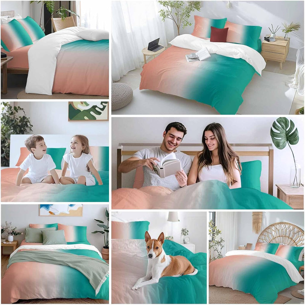 Gradient Pink Green Duvet Cover Set Queen Size 4 Pieces Modern Abstract Minimalist Orange Brown Ocean Beach Bedding Set with Zipper Closure,1 Comforter Cover 86x86 Inches 1 Flat Sheet & 2 Pillow Cases