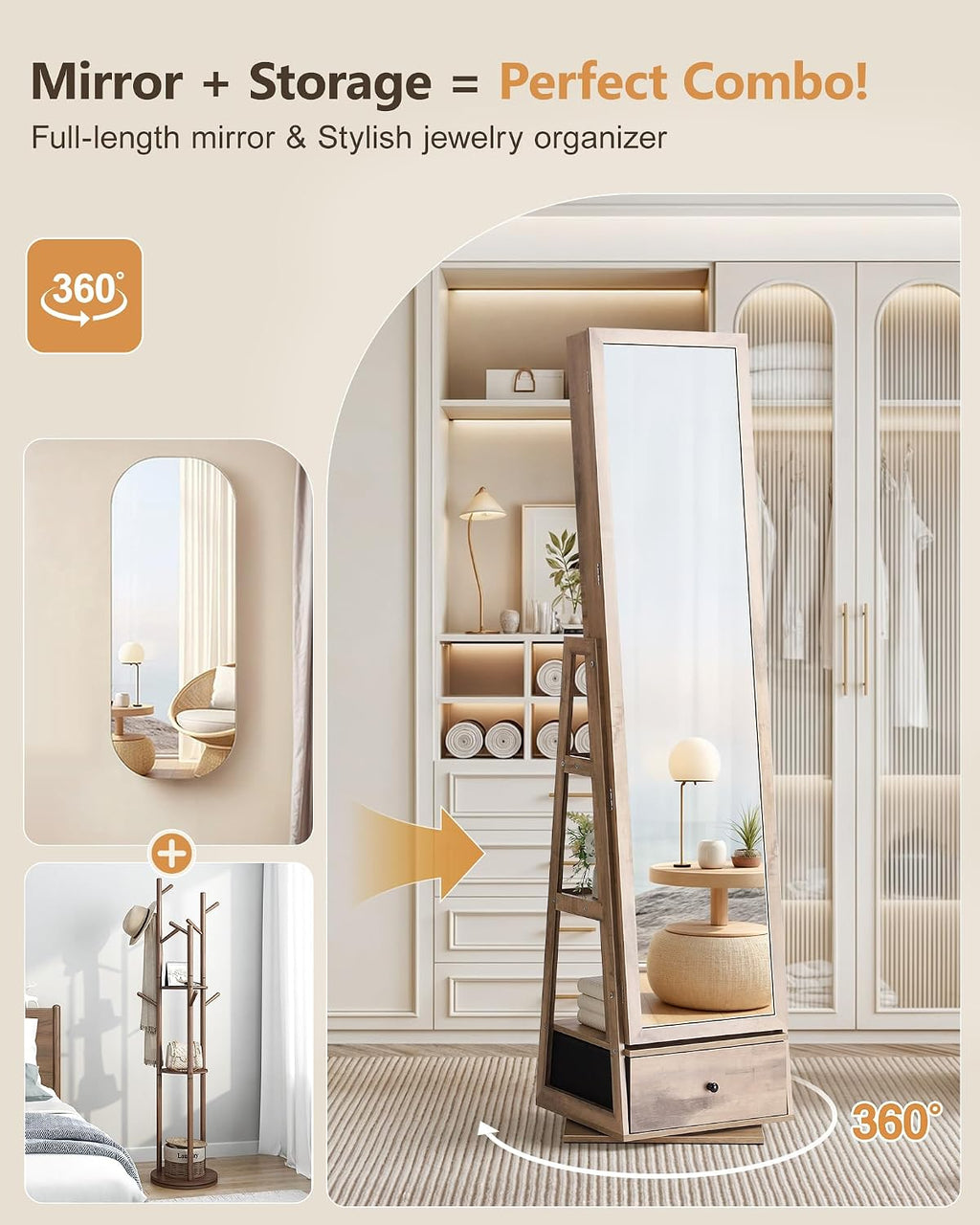 Nicetree 360° Swivel Jewelry Cabinet with Lights, Touch Screen Vanity Mirror, Rotatable Full Length Mirror with Jewelry Storage, Standing Jewelry Armoire Organizer, Foldable Makeup Shelf, Toasted Oak