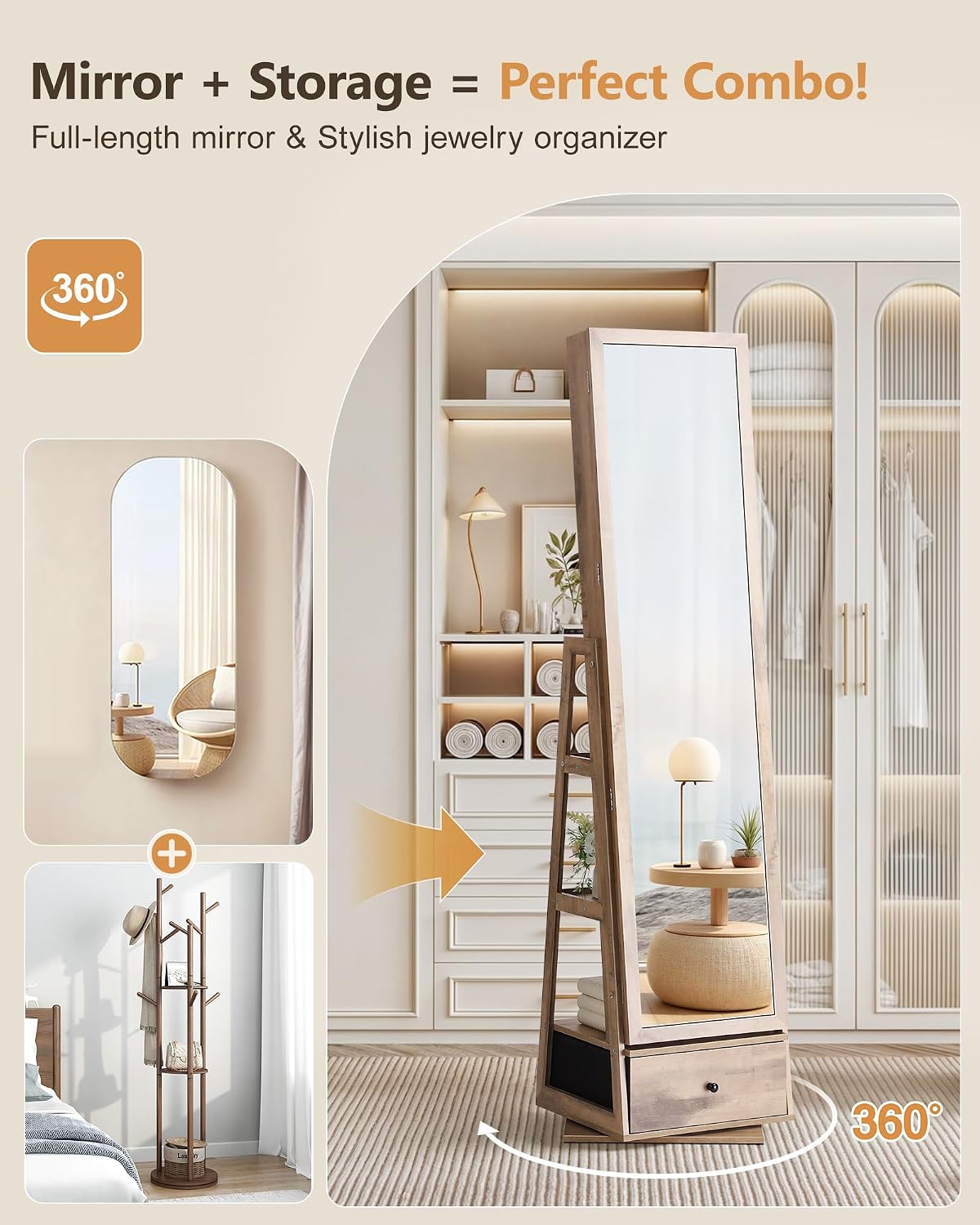 Nicetree 360° Swivel Jewelry Cabinet with Lights, Touch Screen Vanity Mirror, Rotatable Full Length Mirror with Jewelry Storage, Standing Jewelry Armoire Organizer, Foldable Makeup Shelf, Toasted Oak