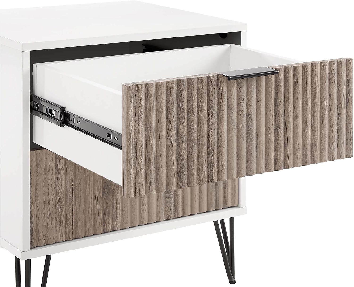 Manhattan Comfort Dumbo Modern Nightstand 2.0 with 2 Drawer & Metal Feet | Splayed Gold Legs | Vertical Ribbed Design | No Tool Assembly Storage for Bedroom, Set of 2, Set of 2, White and Rustic Grey