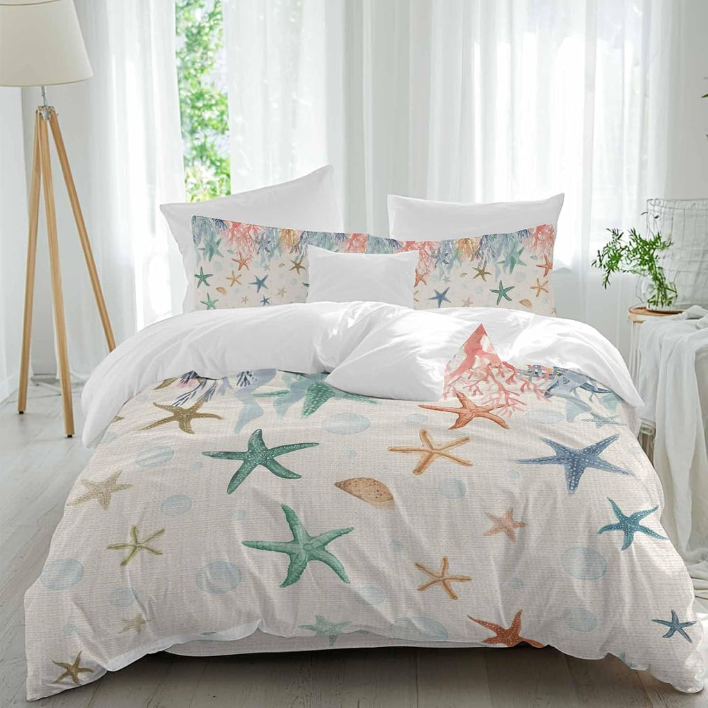 Oceans Animal Duvet Cover Set Queen Size 4 Pieces Summer Colorful Starfish Coral Seagrass Linen Texture Bedding Set with Zipper Closure, 1 Comforter Cover 92x106 Inches 1 Flat Sheet & 2 Pillow Cases